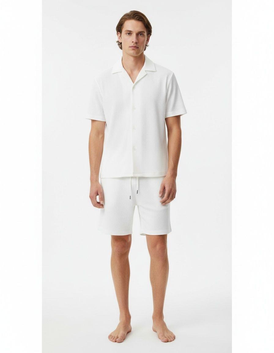 Men's New Solid Color Casual Lapel Short-Sleeved Shirt and Shorts Men's Suit