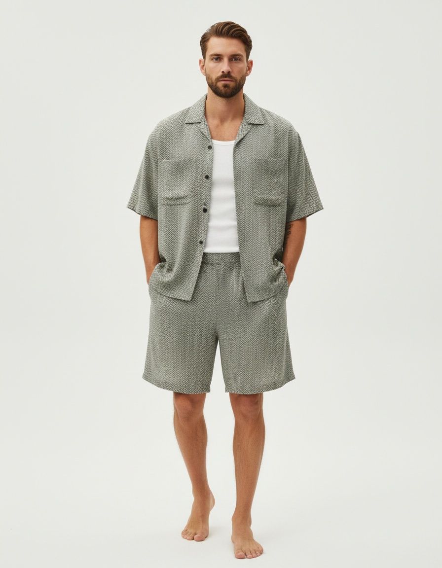 Conjunto informal de dos piezas para hombre, con camisa abotonada y pantalones cortos para primavera/verano