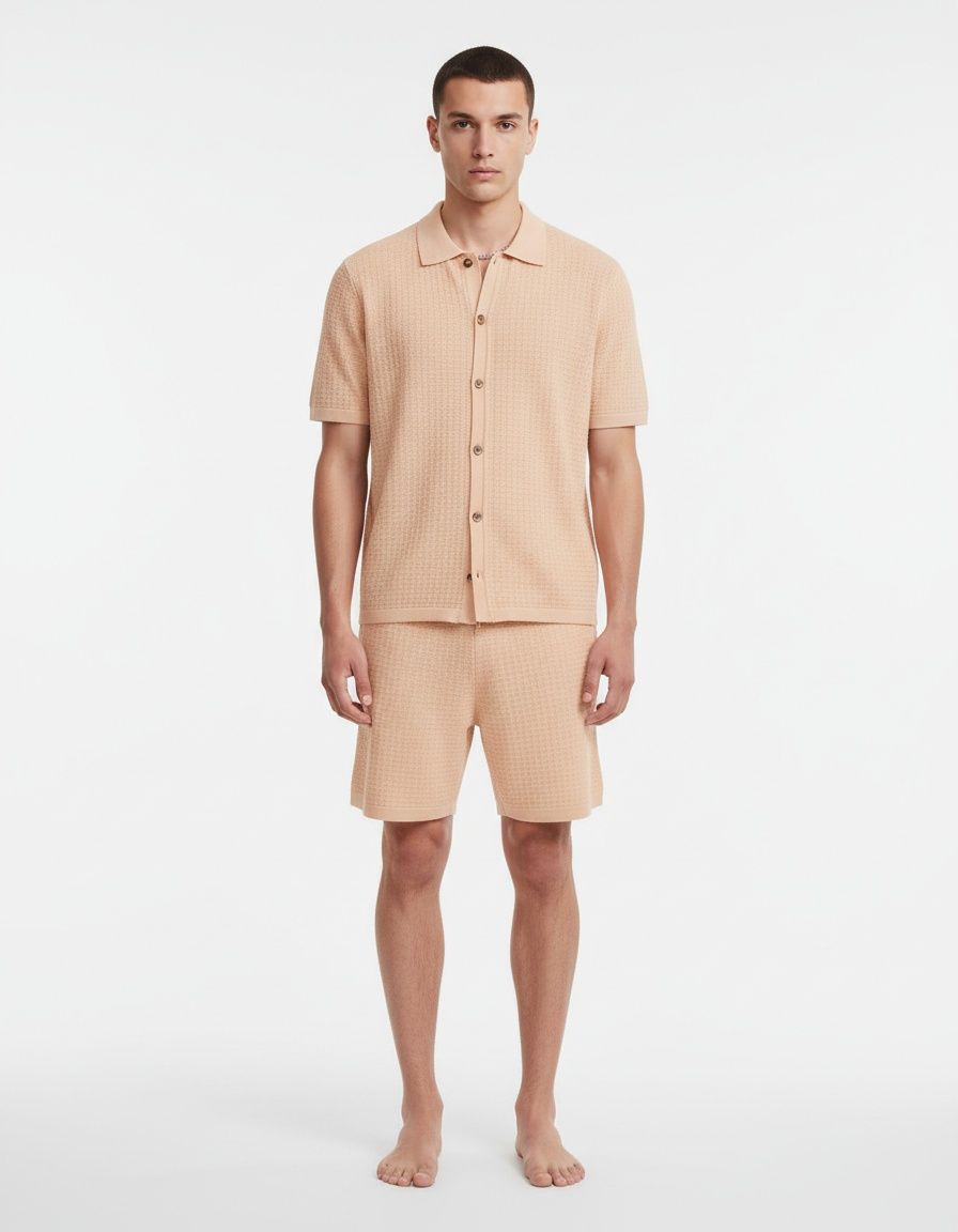 Conjunto de camisa de manga corta y pantalones cortos de verano de mezcla de algodón con estampado de gofres para hombre