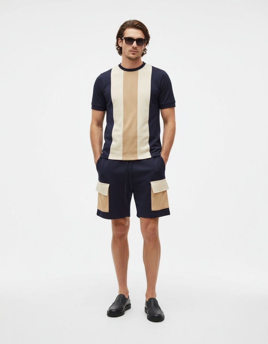 Conjunto de dos piezas de camiseta y pantalones cortos deportivos de manga corta con cuello redondo y bloques de color para hombre para verano
