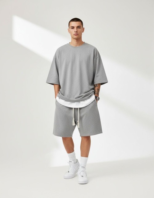 Conjunto informal de camiseta y pantalones cortos de poliéster transpirable y holgado para hombre con cuello en V y mangas cortas