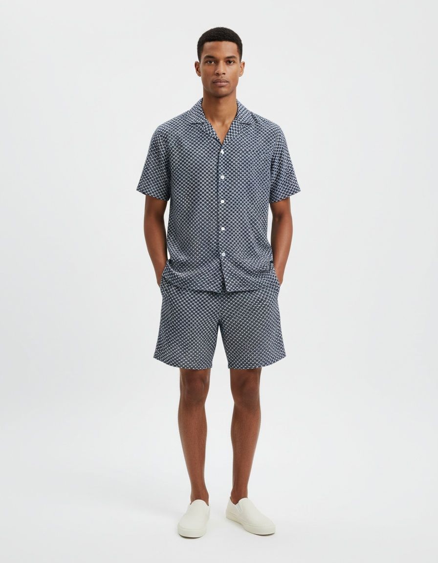 Cotton Blend Plaid Short Sleeve Shirt and Shorts Two-Piece Menswear Set
