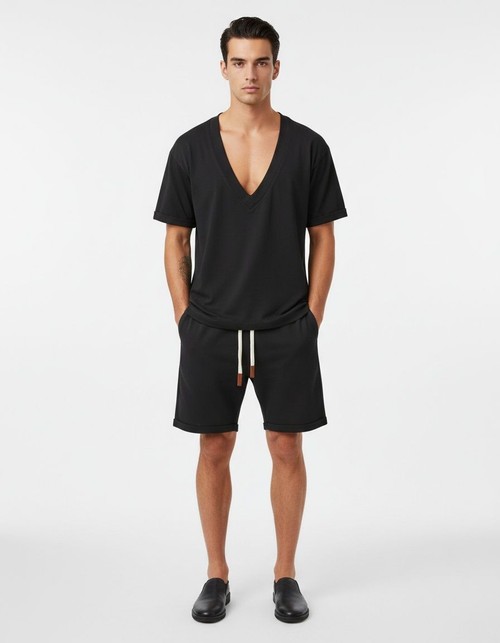 Cotton Blend V-Neck Pullover and Shorts Breathable Casual Menswear Set