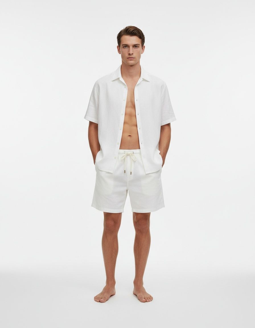 Casual White Lapel Short-Sleeve Shirt and Shorts Breathable Summer Set for Men
