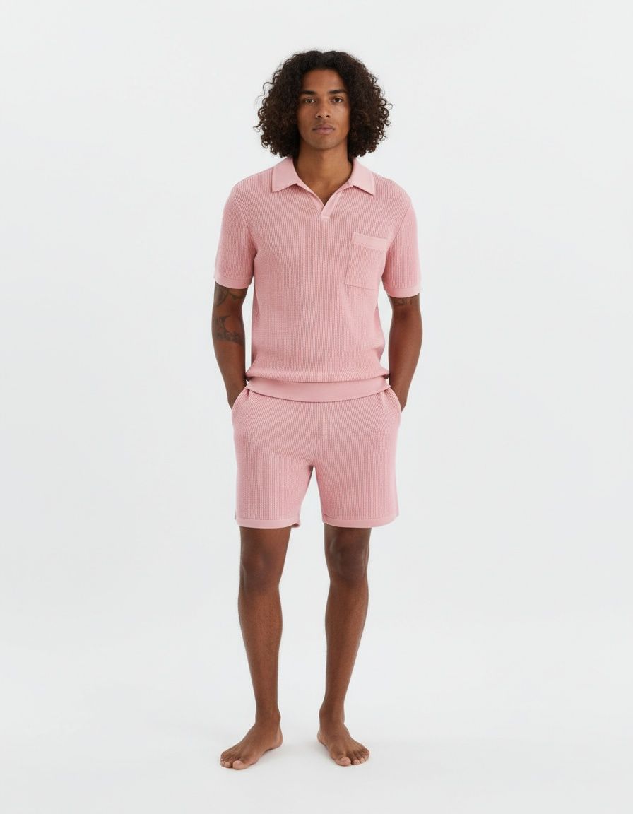 Cotton Blend Solid Pink Short-Sleeve Shirt and Shorts Breathable Casual Set for Menswear