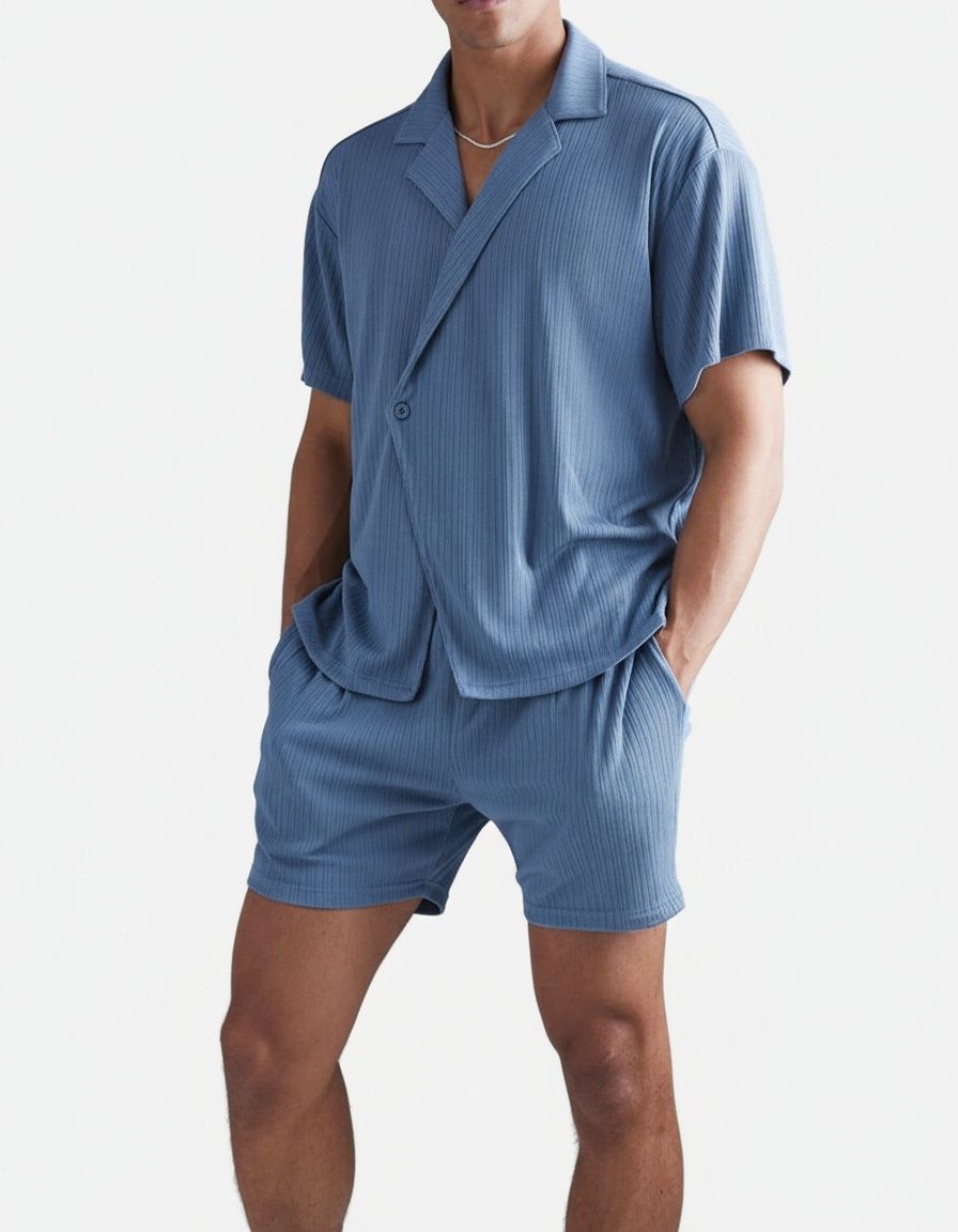 Casual Solid Color Short-Sleeve Shirt and Shorts Two-Piece Menswear Set for Summer Comfort