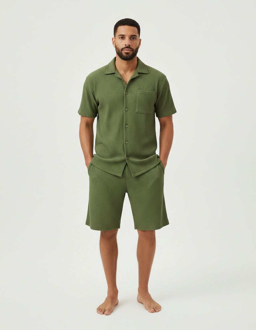 Cotton Blend Button-Down Shirt and Shorts Casual Summer Menswear Set