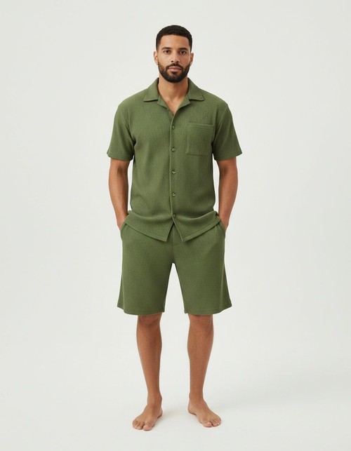 Cotton Blend Button-Down Shirt and Shorts Casual Summer Menswear Set