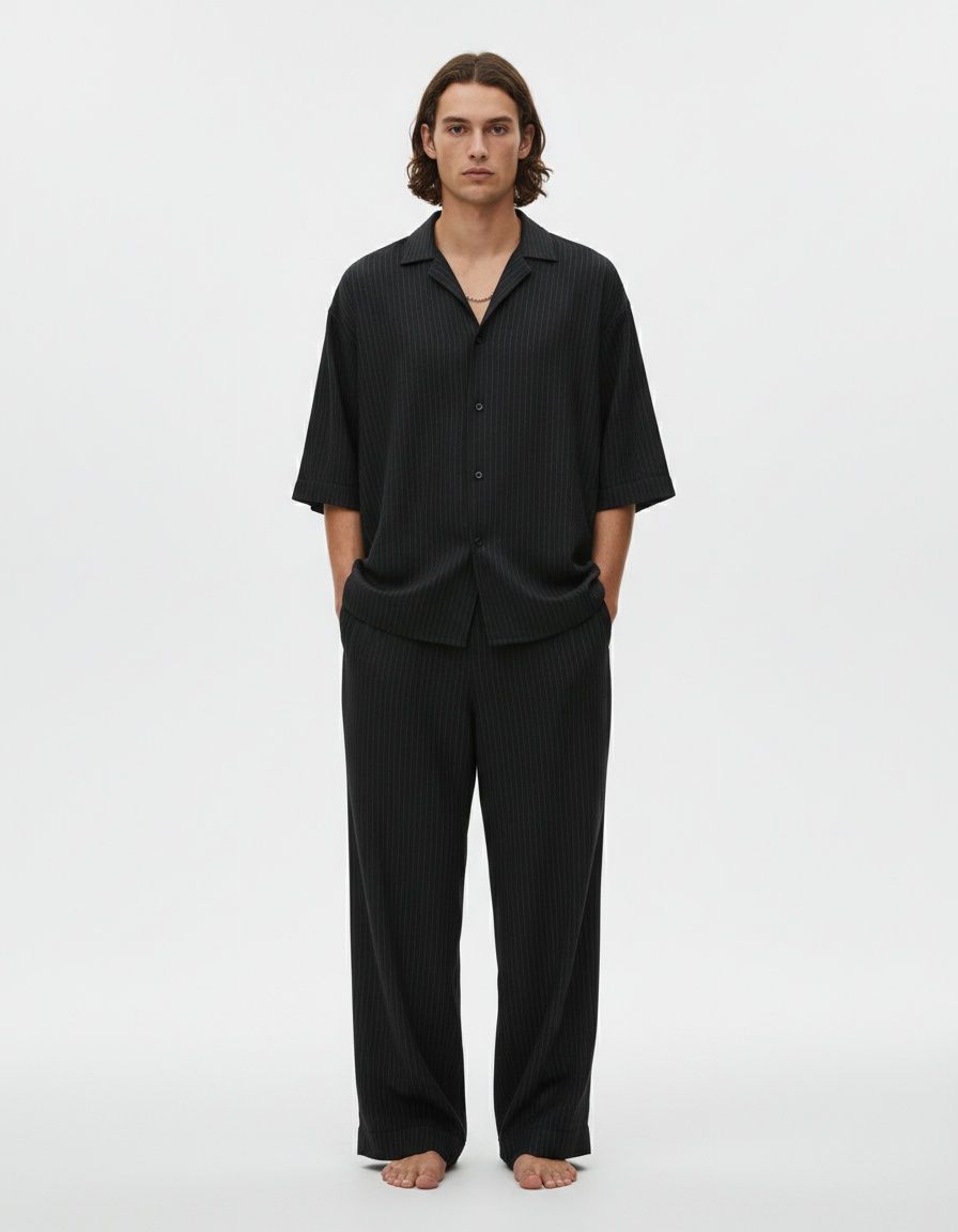 Men's Breathable Cotton Blend Short-Sleeved Shirt and Loose Trousers Two Piece Set