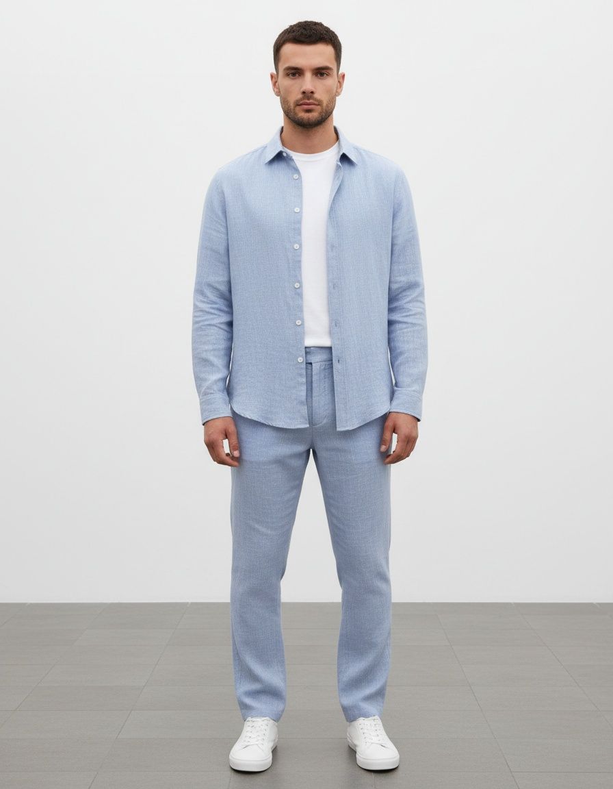 Men's Casual Cotton Blend Long-Sleeved Shirt and Pants Two-Piece Set for Autumn Comfort