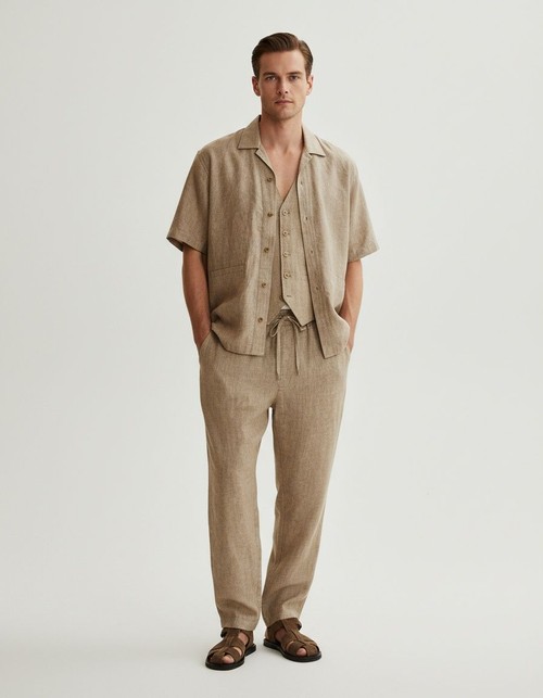 Linen Blend Casual Summer Suit - Men's Short Sleeve Button Down and Drawstring Trousers Set