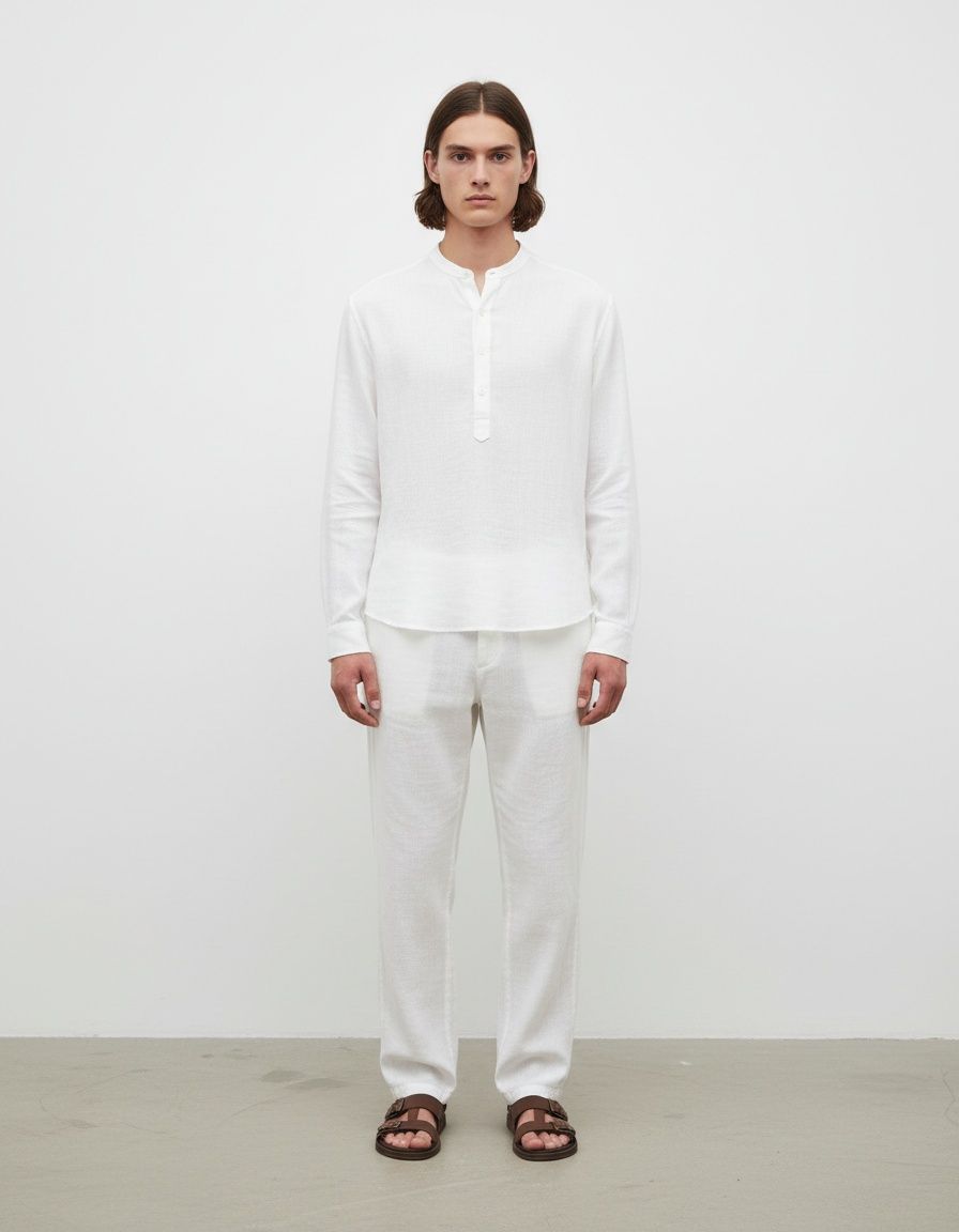 Conjunto de ropa de playa para hombre, holgado y ligero, con camisa de manga larga con medio botón y pantalón.