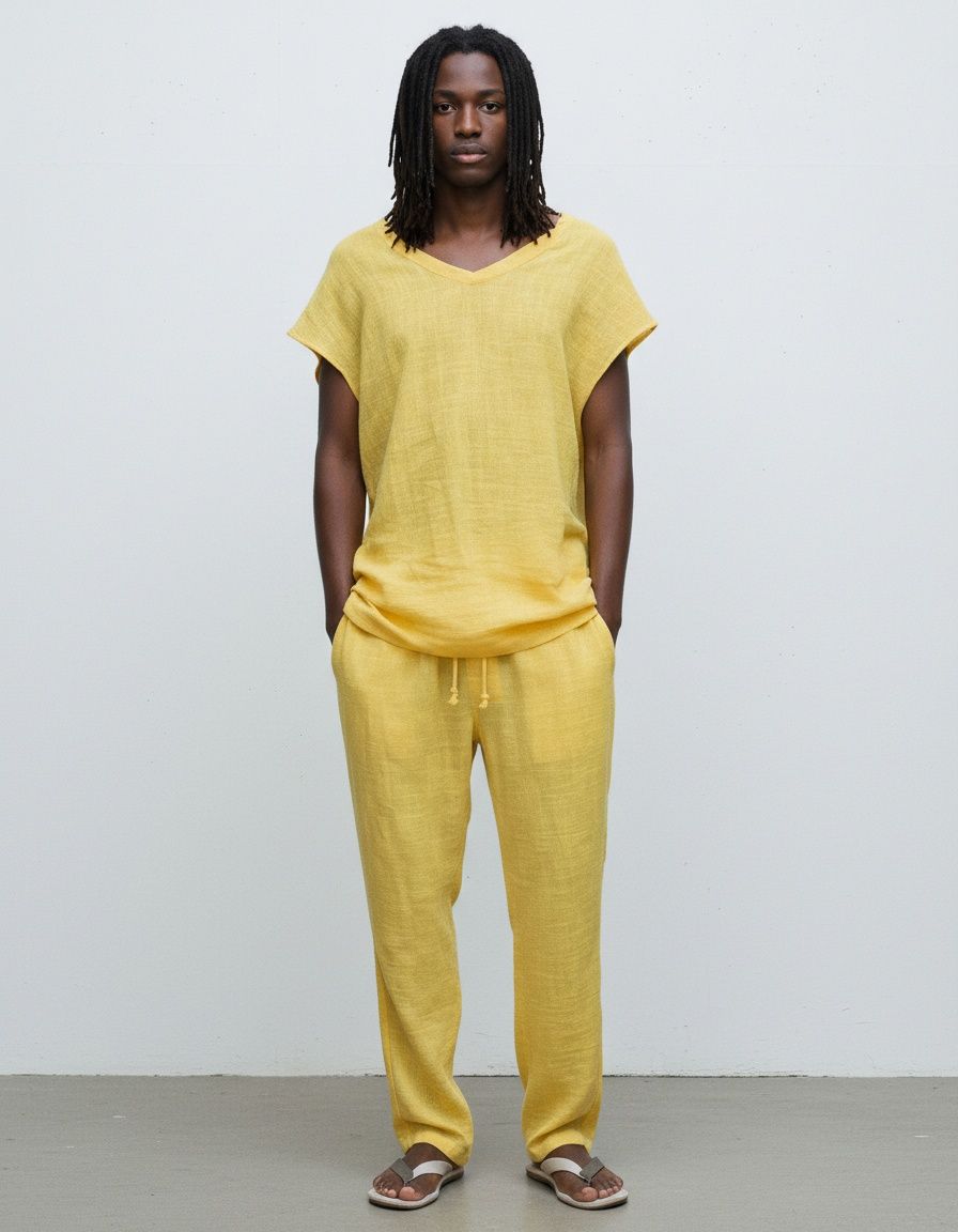 Conjunto informal de camiseta y pantalón de mezcla de algodón, holgado, transpirable, con cuello en V para hombre