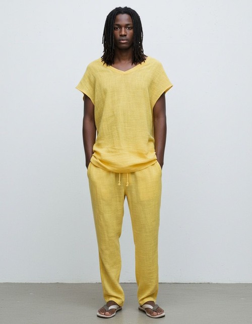 Conjunto informal de camiseta y pantalón de mezcla de algodón, holgado, transpirable, con cuello en V para hombre