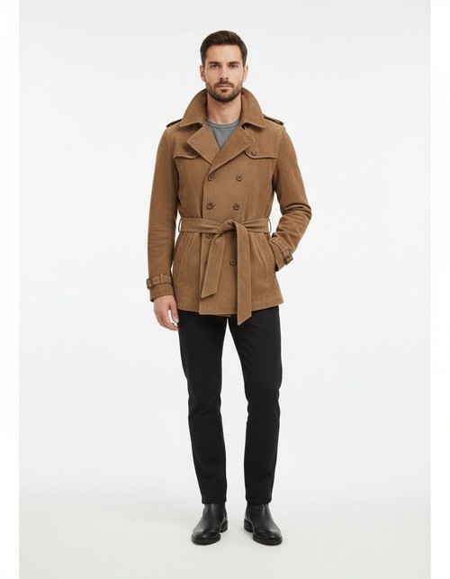 Abrigo de ante de longitud media con cinturón para uso informal transpirable