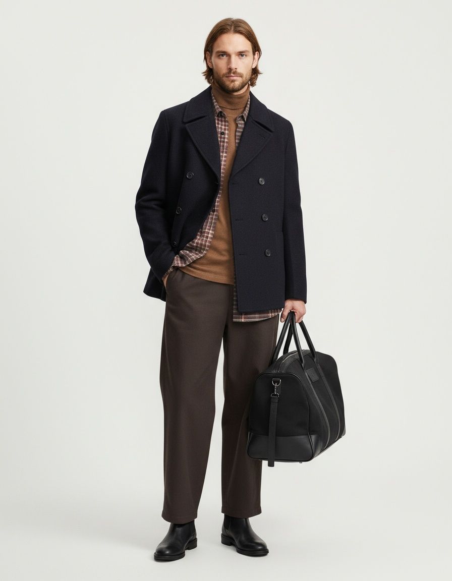 Gabardina de invierno de longitud media y corte entallado para hombre, ideal para uso informal de negocios.