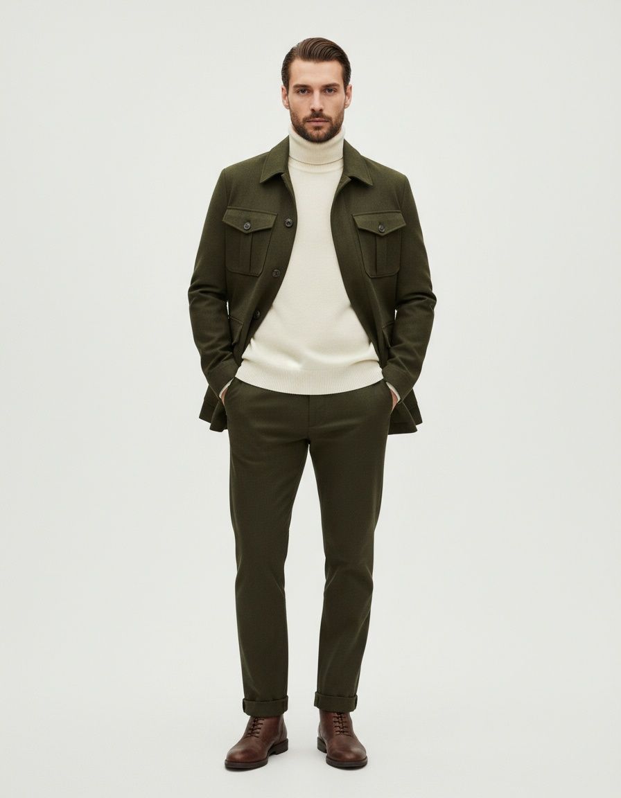Gabardina de mezcla de lana con cuello alto y botonadura sencilla de longitud media para hombre, ideal para uso informal en invierno.