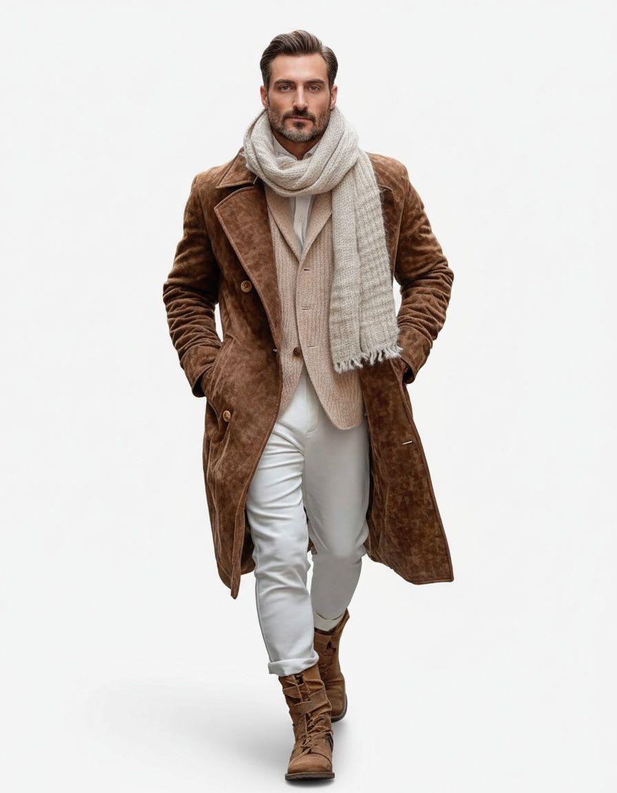 Men's Suede Retro Mid-Length Lapel Trench Coat with Buttons for Casual Winter Wear