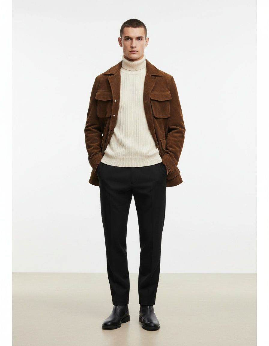 Chaqueta informal de gamuza de longitud media para hombre con cinturón