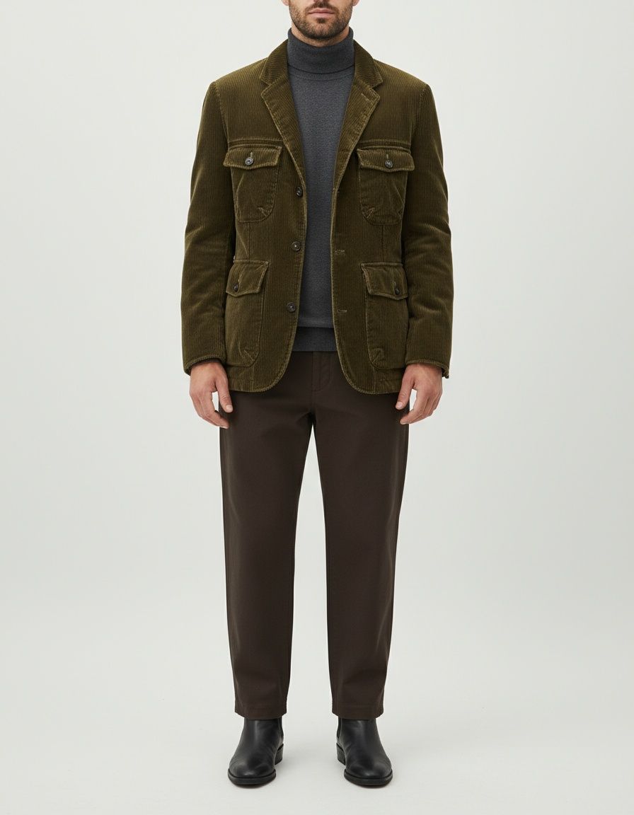 Chaqueta informal de invierno de pana de color liso con cuello alto para hombre