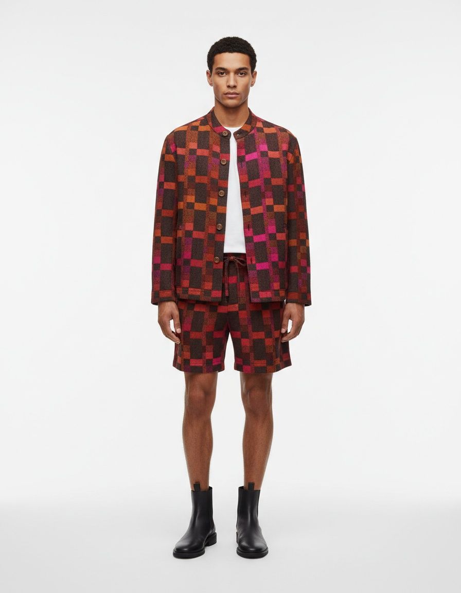 Conjunto de chaqueta y pantalones cortos transpirables de mezcla de algodón con estampado a cuadros para ropa informal de primavera para hombre