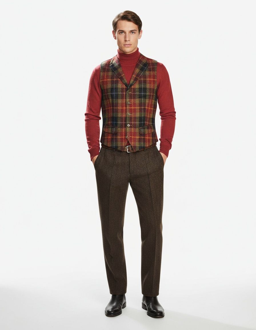 Chaleco de traje a cuadros de botonadura sencilla y corte entallado para otoño e invierno. Ropa informal de negocios.