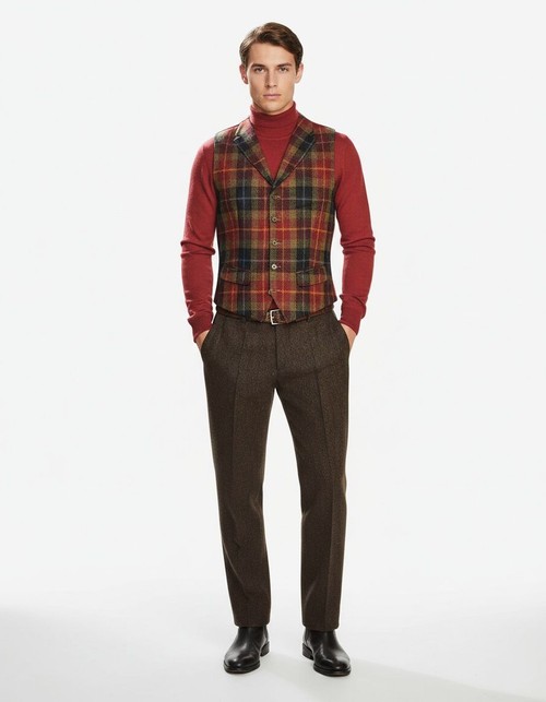 Chaleco de traje a cuadros de botonadura sencilla y corte entallado para otoño e invierno. Ropa informal de negocios.