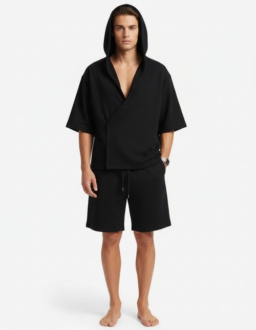 Hooded Cotton Blend Short-Sleeve Sports Suit for Breathable Summer Menswear