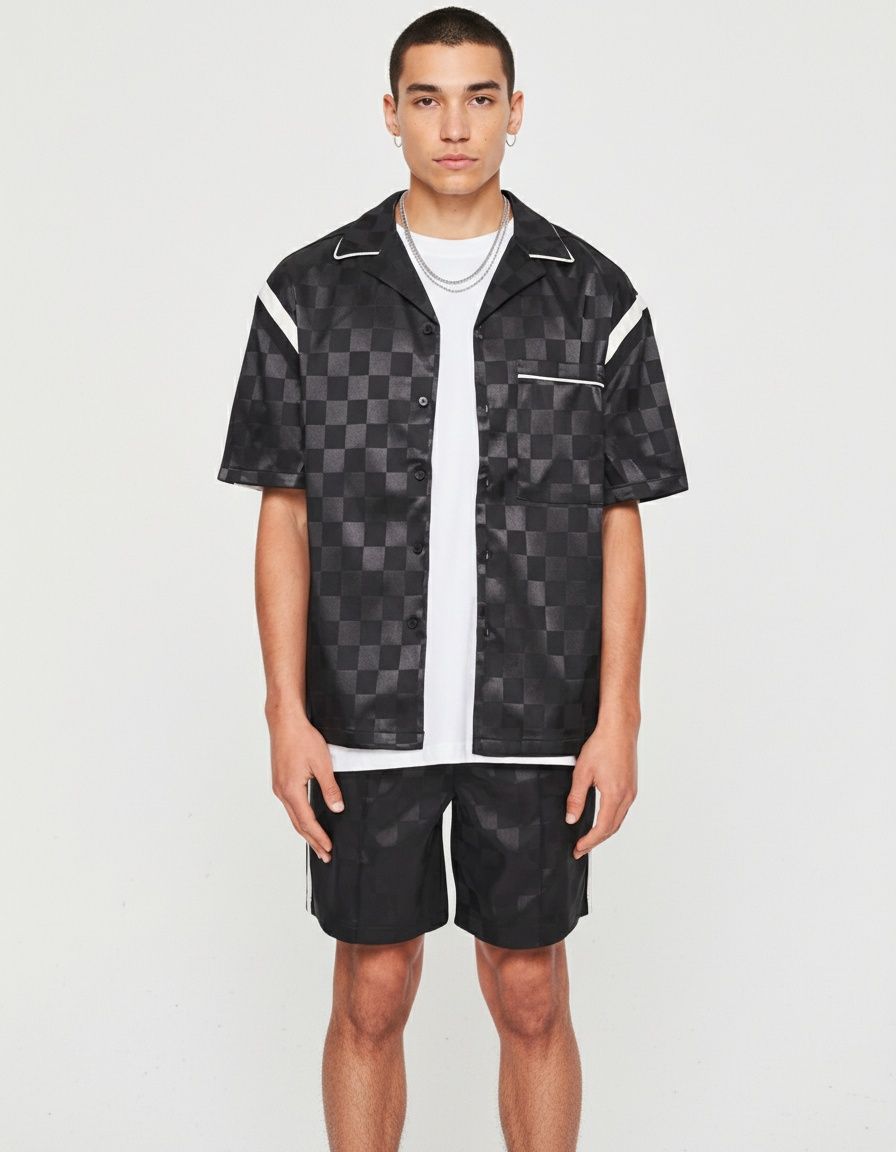 Plaid Print Cotton Blend Short Sleeve Sportswear Suit for Menswear - Breathable Casual Style