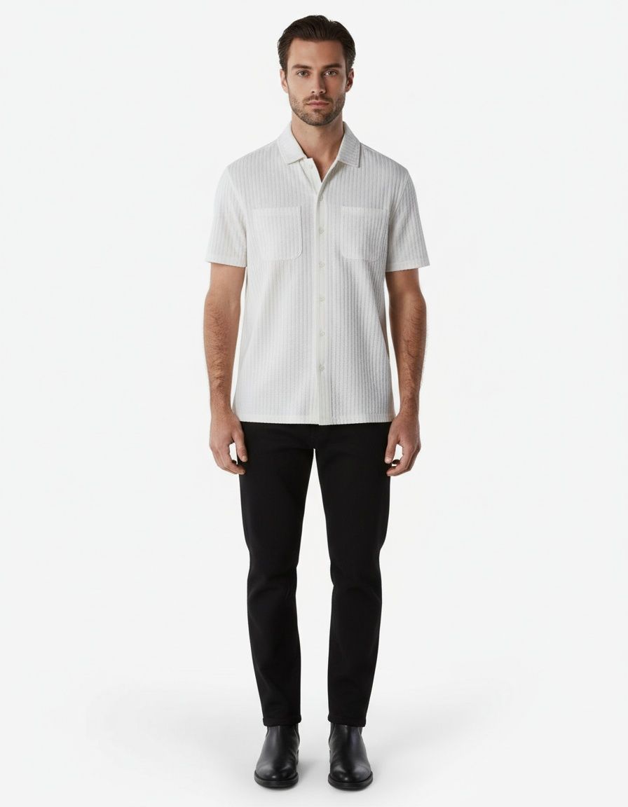 Camisa informal de manga corta de tela seersucker - Corte holgado con bolsillo en el pecho