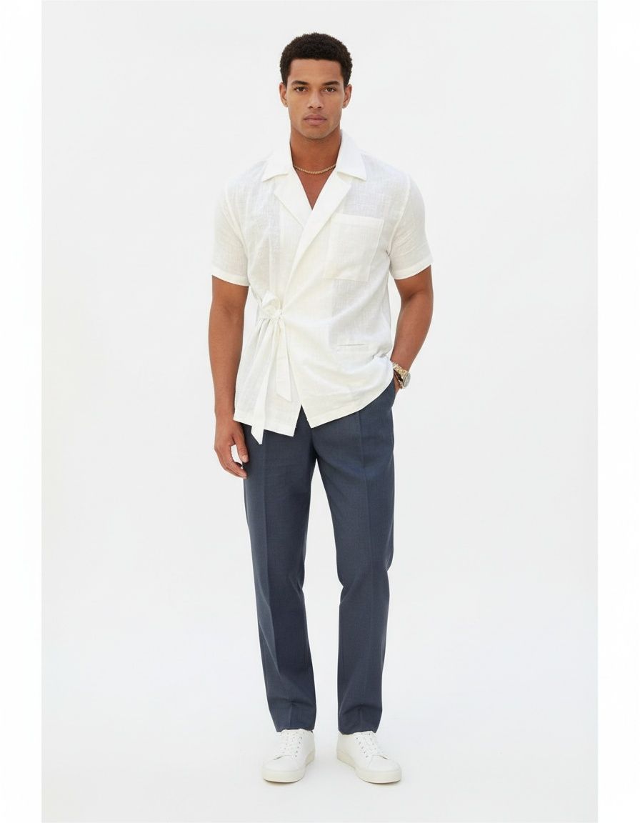 Linen Blend Short Sleeve Shirt with Lapel Collar and Belt - Breathable Summer Casual Menswear