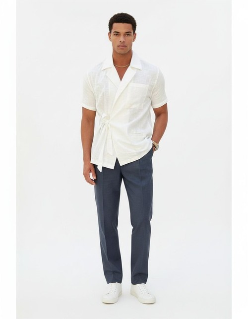 Linen Blend Short Sleeve Shirt with Lapel Collar and Belt - Breathable Summer Casual Menswear