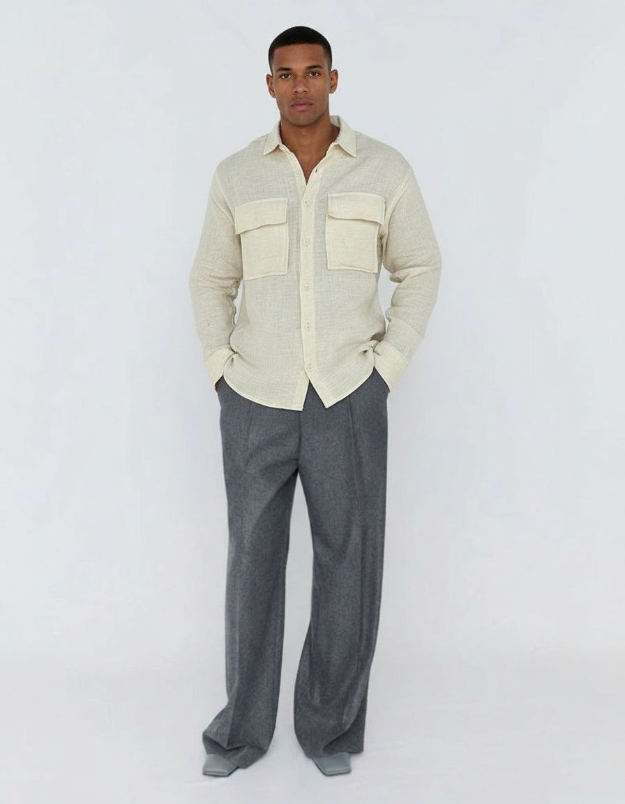 Camisa ligera de algodón y lino para hombre con bolsillos en el pecho