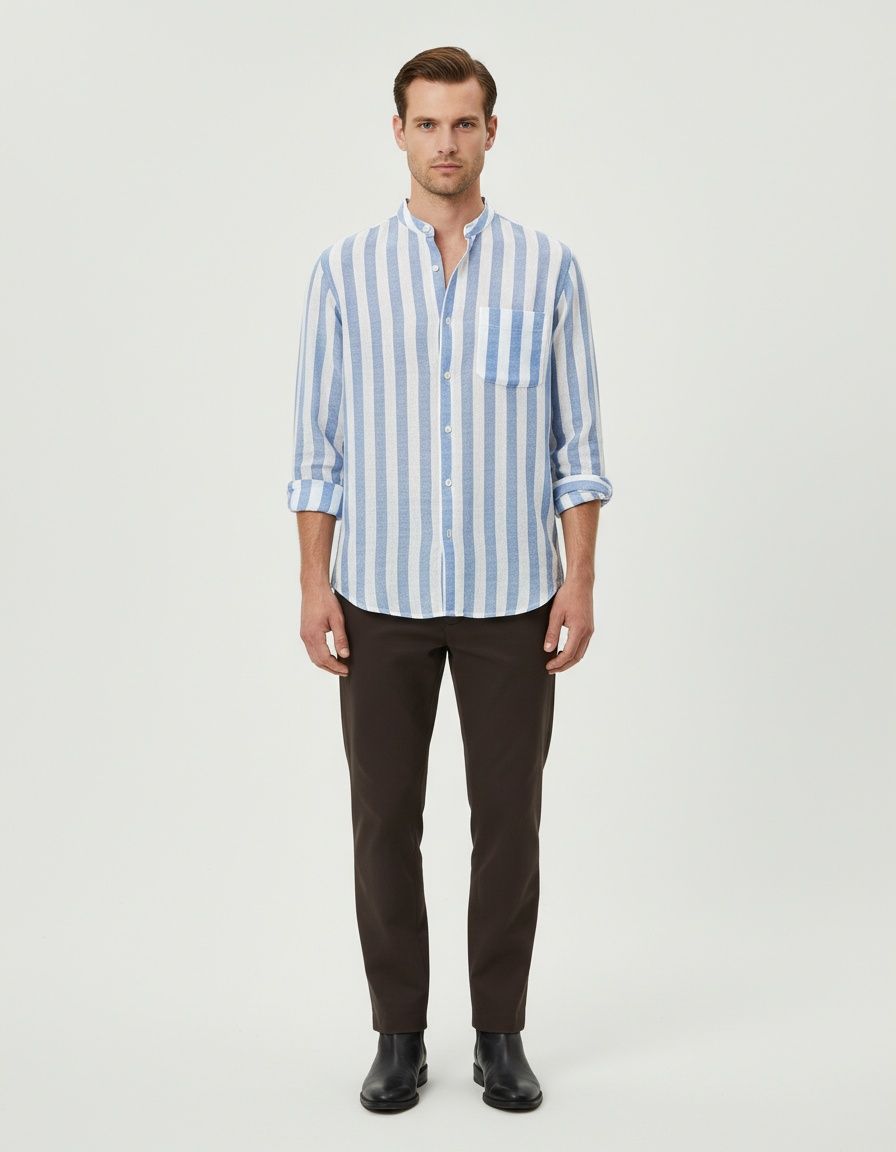 Camisa informal a rayas con botones para hombre, de algodón transpirable, de manga larga para invierno.