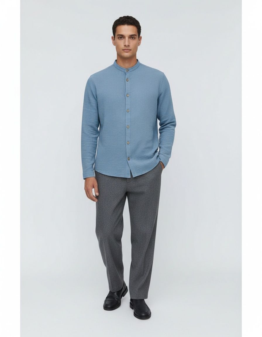 Textured Polyester Blend Stand Collar Menswear - Breathable Casual Top