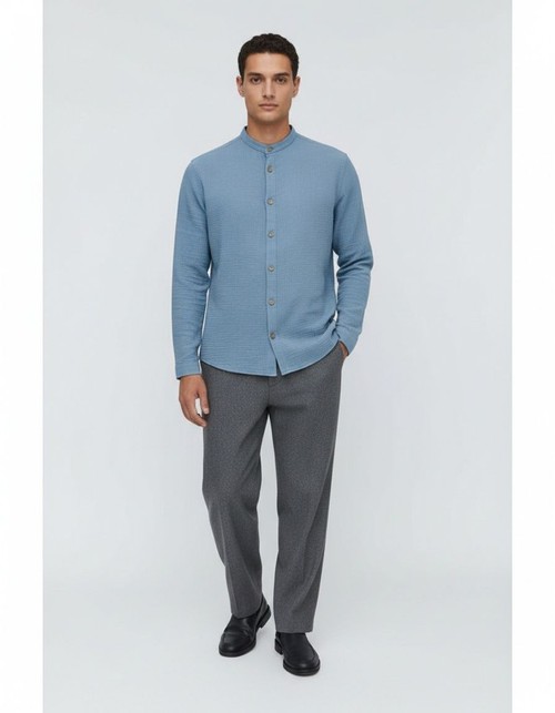 Textured Polyester Blend Stand Collar Menswear - Breathable Casual Top