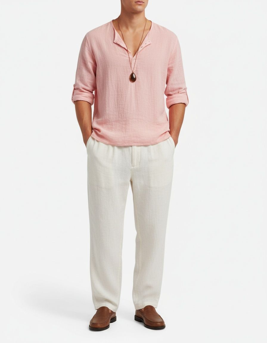 Linen-Blend Textured V-Neck Button Shirt - Breathable Summer Menswear