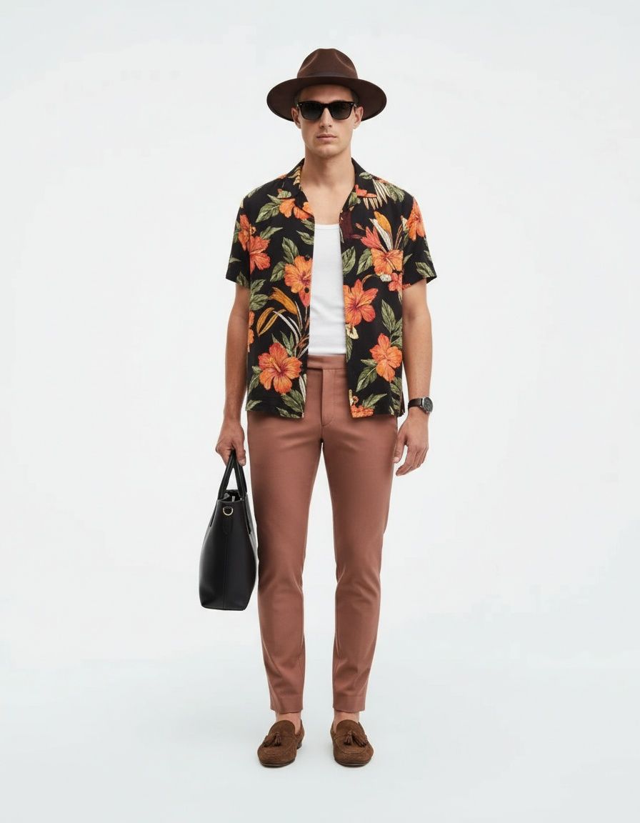 Printed Cotton Blend Short Sleeve Shirt - Loose Fit Breathable Menswear