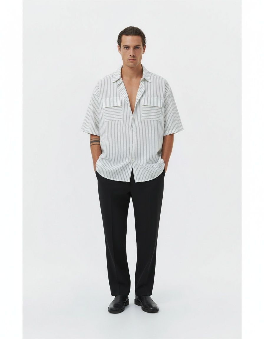 Camisa informal de mezcla de algodón con estampado de rayas y solapa con bolsillos para hombre, transpirable, de verano