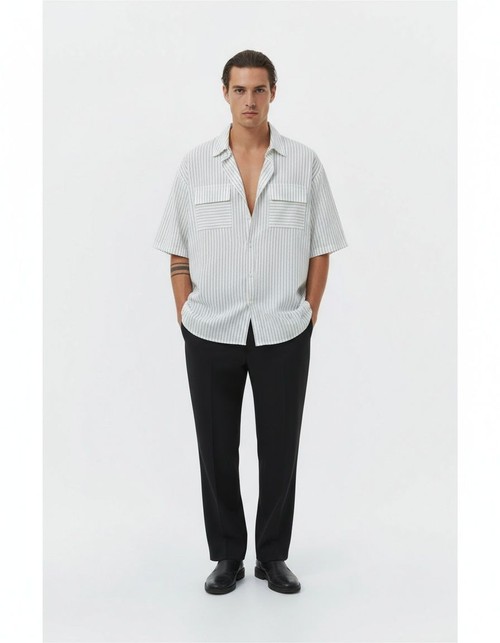 Camisa informal de mezcla de algodón con estampado de rayas y solapa con bolsillos para hombre, transpirable, de verano