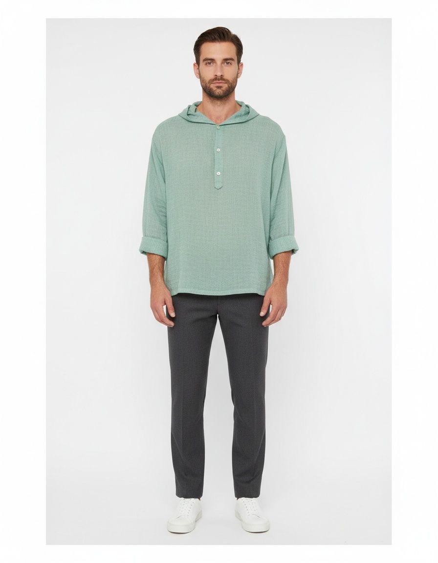 Loose Fit Polyester Blend Hooded Loose Fit Top - Casual Long Sleeve Menswear