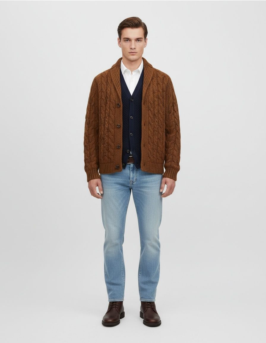 Cárdigan de punto ajustado con cuello clásico para un estilo informal de otoño e invierno.