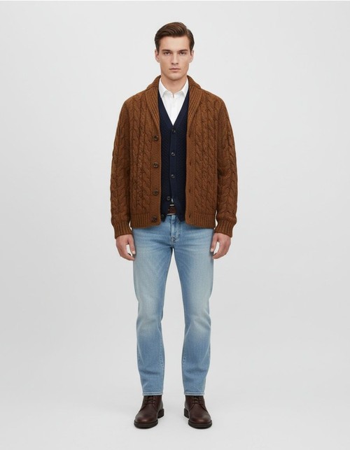 Cárdigan de punto ajustado con cuello clásico para un estilo informal de otoño e invierno.