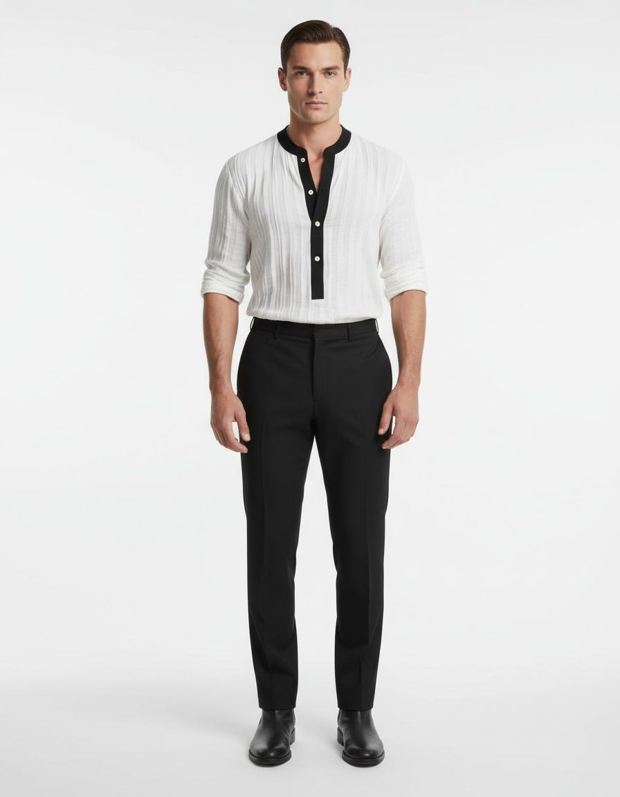 Suéter de punto con cuello redondo y medio botón para uso informal en otoño e invierno.