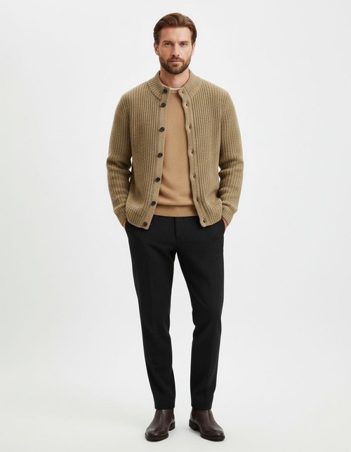 Cárdigan largo de punto con solapa y detalle de botones, suéter informal de invierno transpirable para hombre