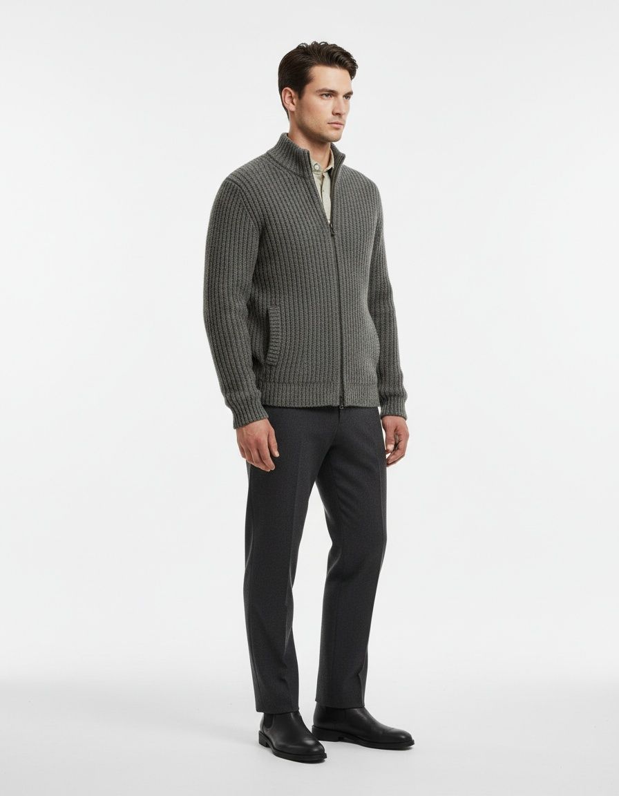 Cárdigan retro de punto con cremallera para hombre para invierno con bolsillos laterales.