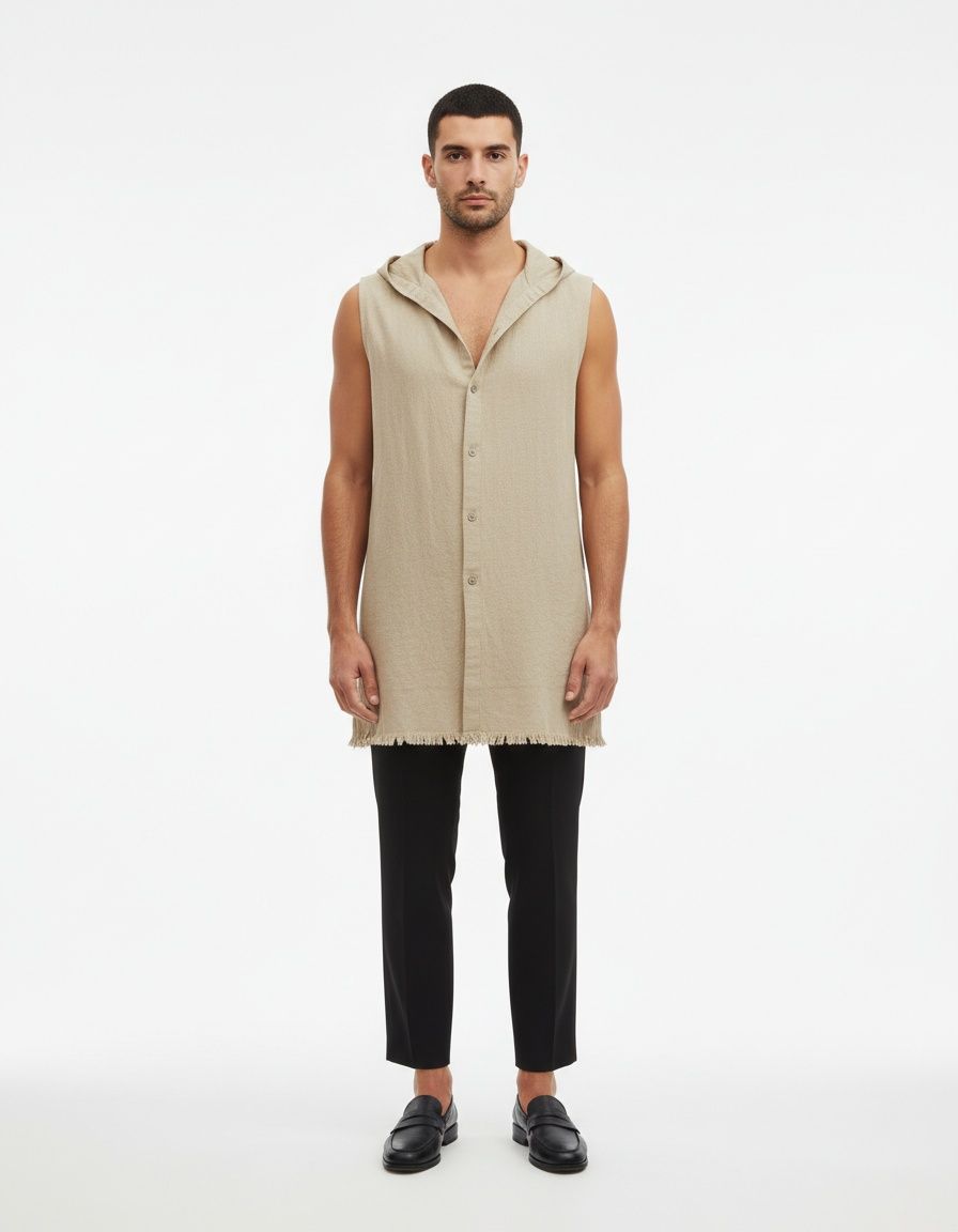 Chaleco largo de lino y algodón con capucha para hombre, sin mangas, transpirable, lavado, informal, de verano