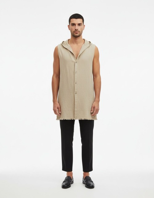 Chaleco largo de lino y algodón con capucha para hombre, sin mangas, transpirable, lavado, informal, de verano
