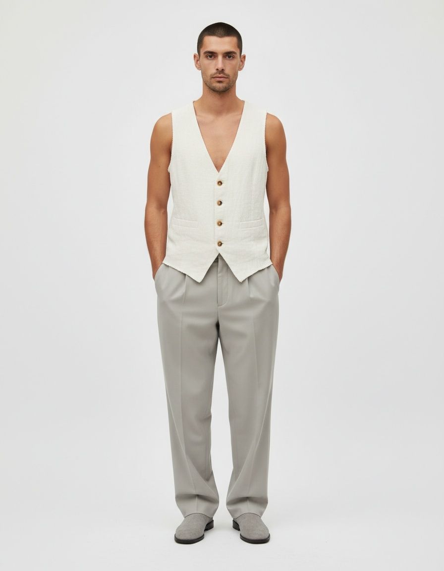 Cotton Blend V-Neck Button-Down Menswear Vest for Casual Summer Beachwear