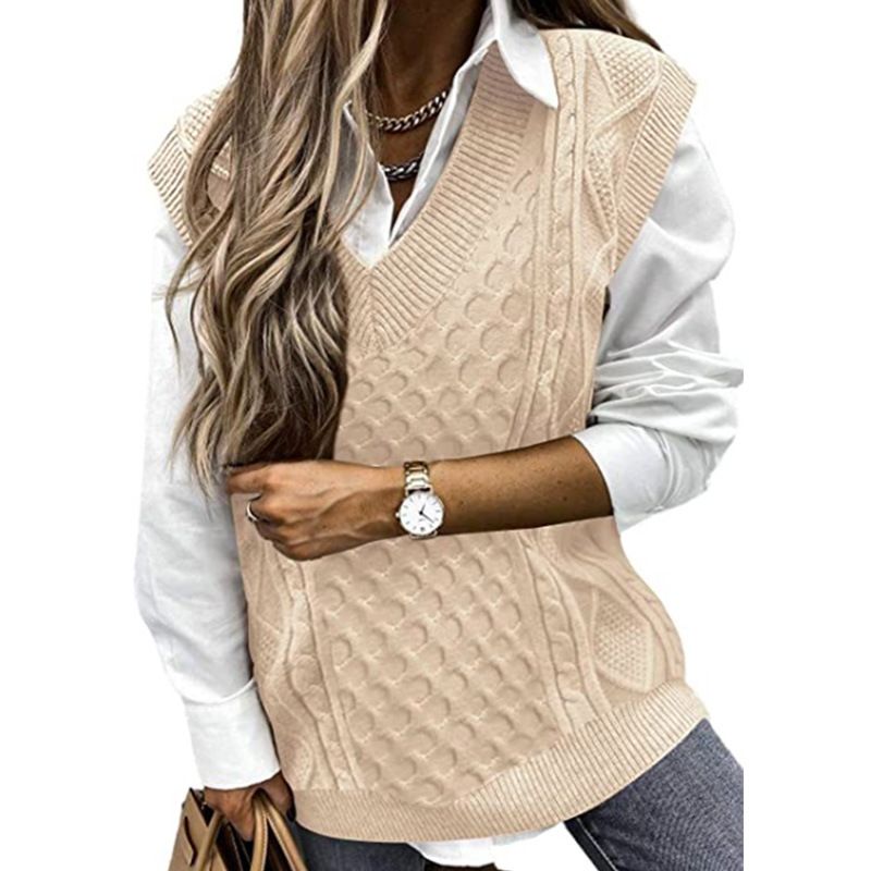 Chunky Knit V Neck Sweater Vest Women Sleeveless Oversized SSU-00048